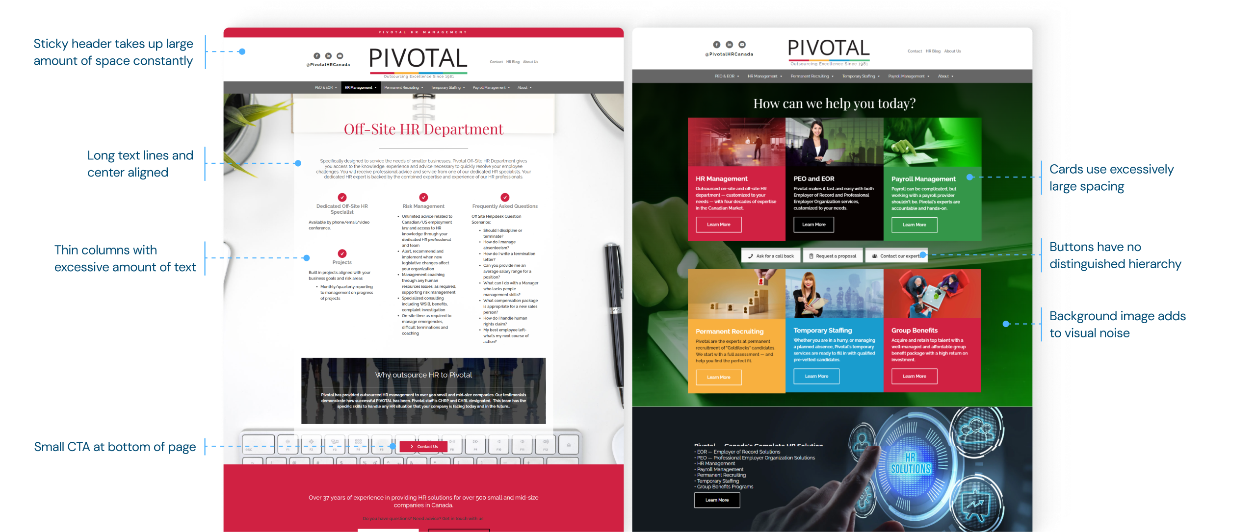 Layouts are busy and lacking visual hierarchy.